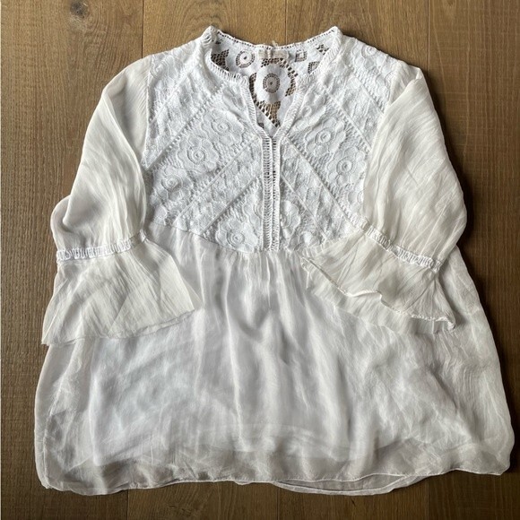 BOHO Bellambra Embroidered White Women's Silk Top Blouse Bell Sleeve (Size M) - Picture 11 of 12